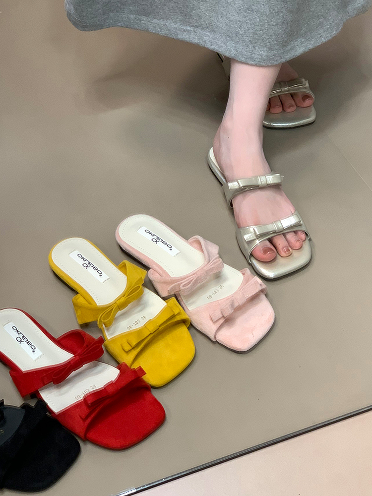 Fairy Style One-Strap Flat Sandals with Bow for Outdoor Wear, Beach Vacation, French Style, Summer Fashion