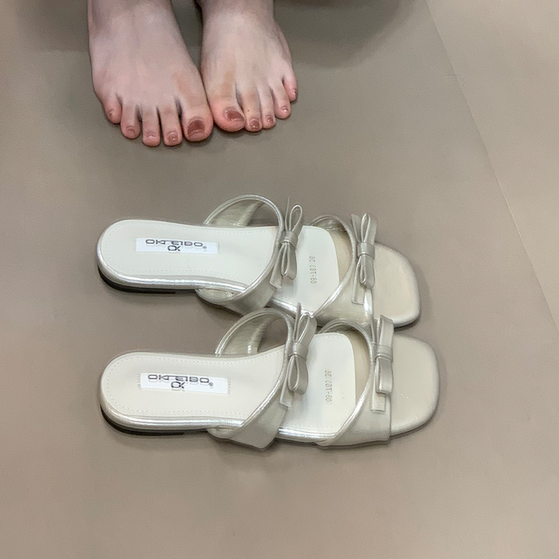 Fairy Style One-Strap Flat Sandals with Bow for Outdoor Wear, Beach Vacation, French Style, Summer Fashion