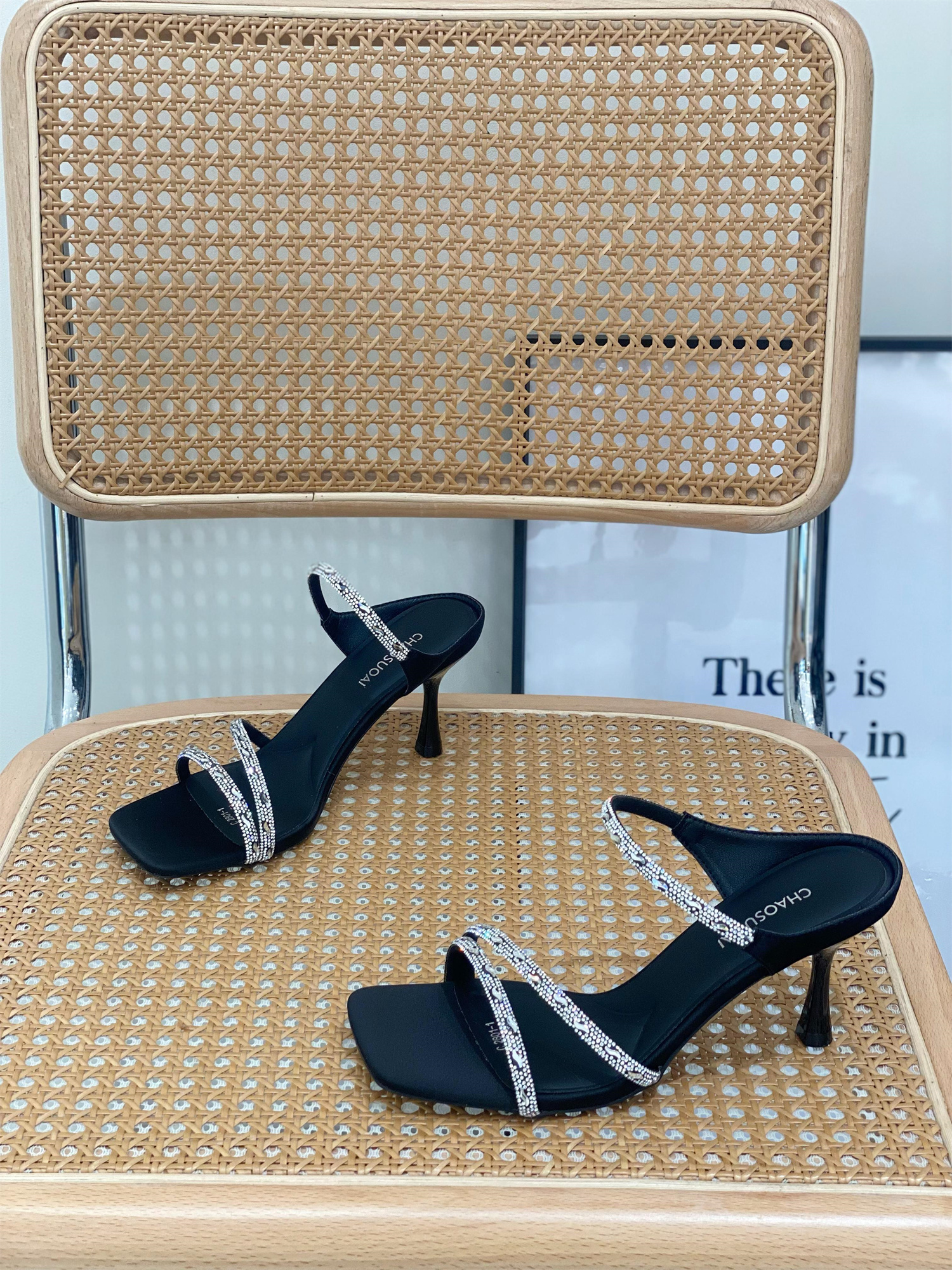 Fairy Style Rhinestone Sandals for Women - Elegant 7cm Thin Heel Square Toe High Heels, Summer 2025 One Strap Slide