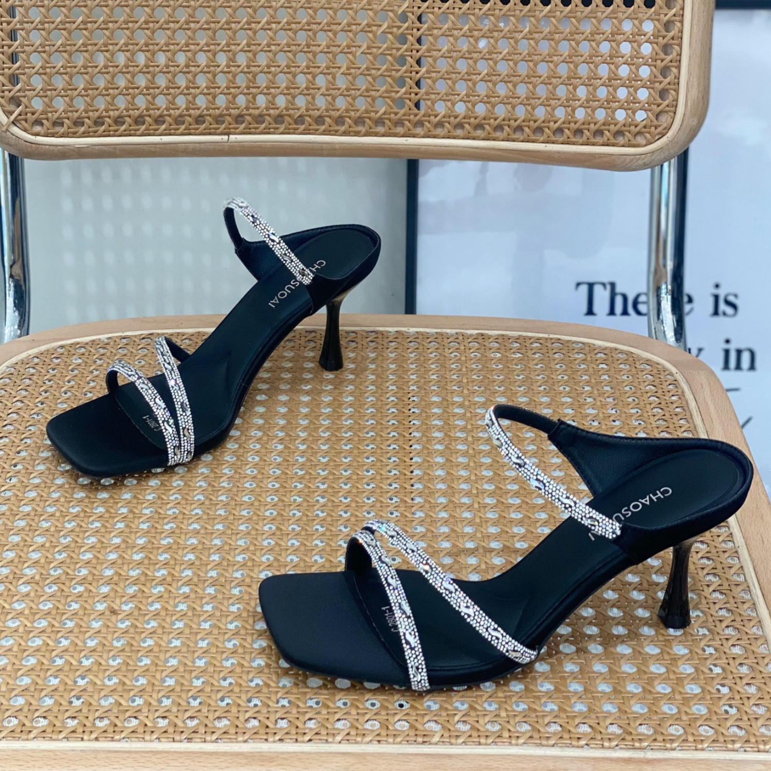 Fairy Style Rhinestone Sandals for Women - Elegant 7cm Thin Heel Square Toe High Heels, Summer 2025 One Strap Slide