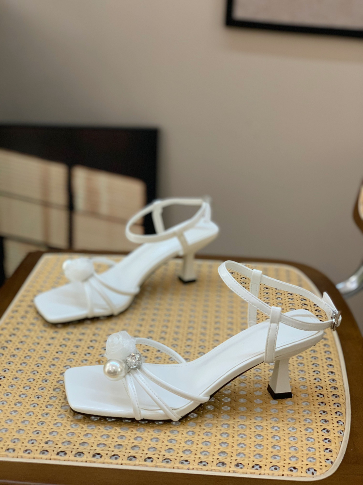 Fairy-Style Square-Toe High-Heeled Sandals with Pearl Detail for Women - 2025 Summer Versatile One-Strap Design