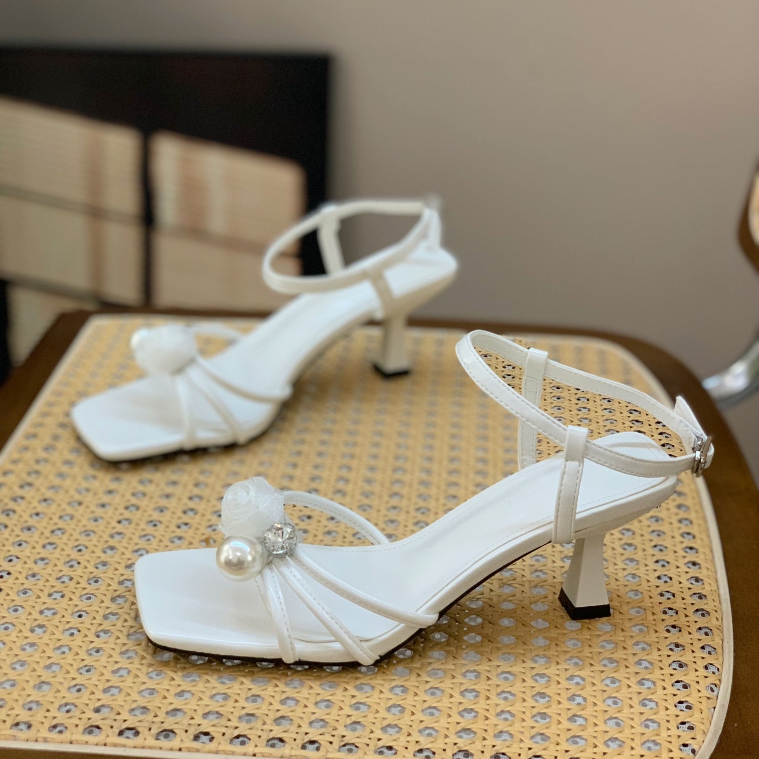 Fairy-Style Square-Toe High-Heeled Sandals with Pearl Detail for Women - 2025 Summer Versatile One-Strap Design