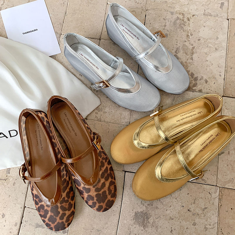 Fashionable Semi-Transparent Mesh Leopard Print One-Strap Ballet Flats for Women - Soft Mary Jane Style with Hidden Height Fashionable Semi-Transparent Mesh Leopard Print One-Strap Ballet Flats for Women - Soft Mary Jane Style with Hidden Height