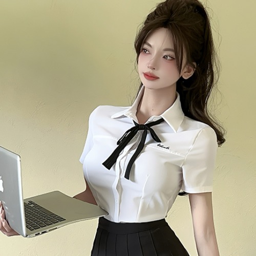 Female Technician JK Uniform Set - Short Sleeve White Shirt with Bow & Pleated Skirt - Stylish Foot Massage Work Outfit