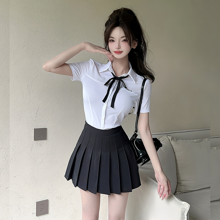 Female Technician JK Uniform Set - Short Sleeve White Shirt with Bow & Pleated Skirt - Stylish Foot Massage Work Outfit Female Technician JK Uniform Set - Short Sleeve White Shirt with Bow & Pleated Skirt - Stylish Foot Massage Work Outfit