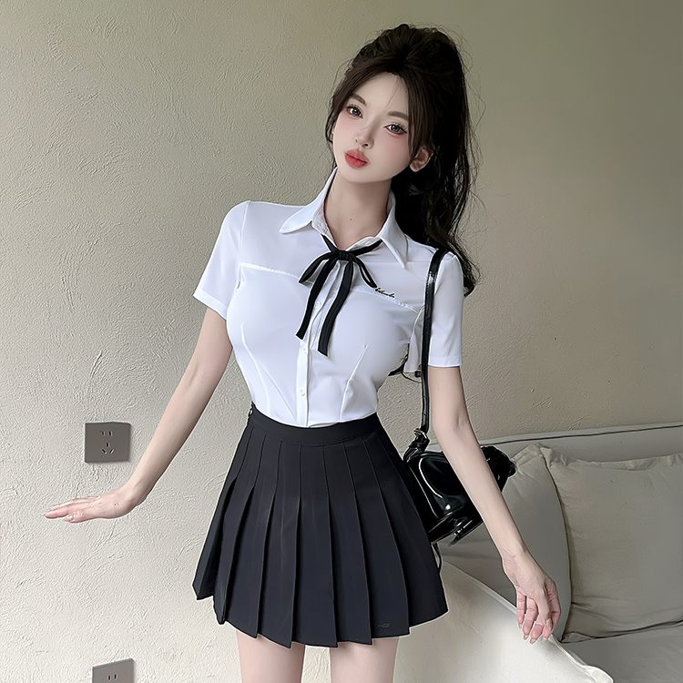 Female Technician JK Uniform Set - Short Sleeve White Shirt with Bow & Pleated Skirt - Stylish Foot Massage Work Outfit Female Technician JK Uniform Set - Short Sleeve White Shirt with Bow & Pleated Skirt - Stylish Foot Massage Work Outfit
