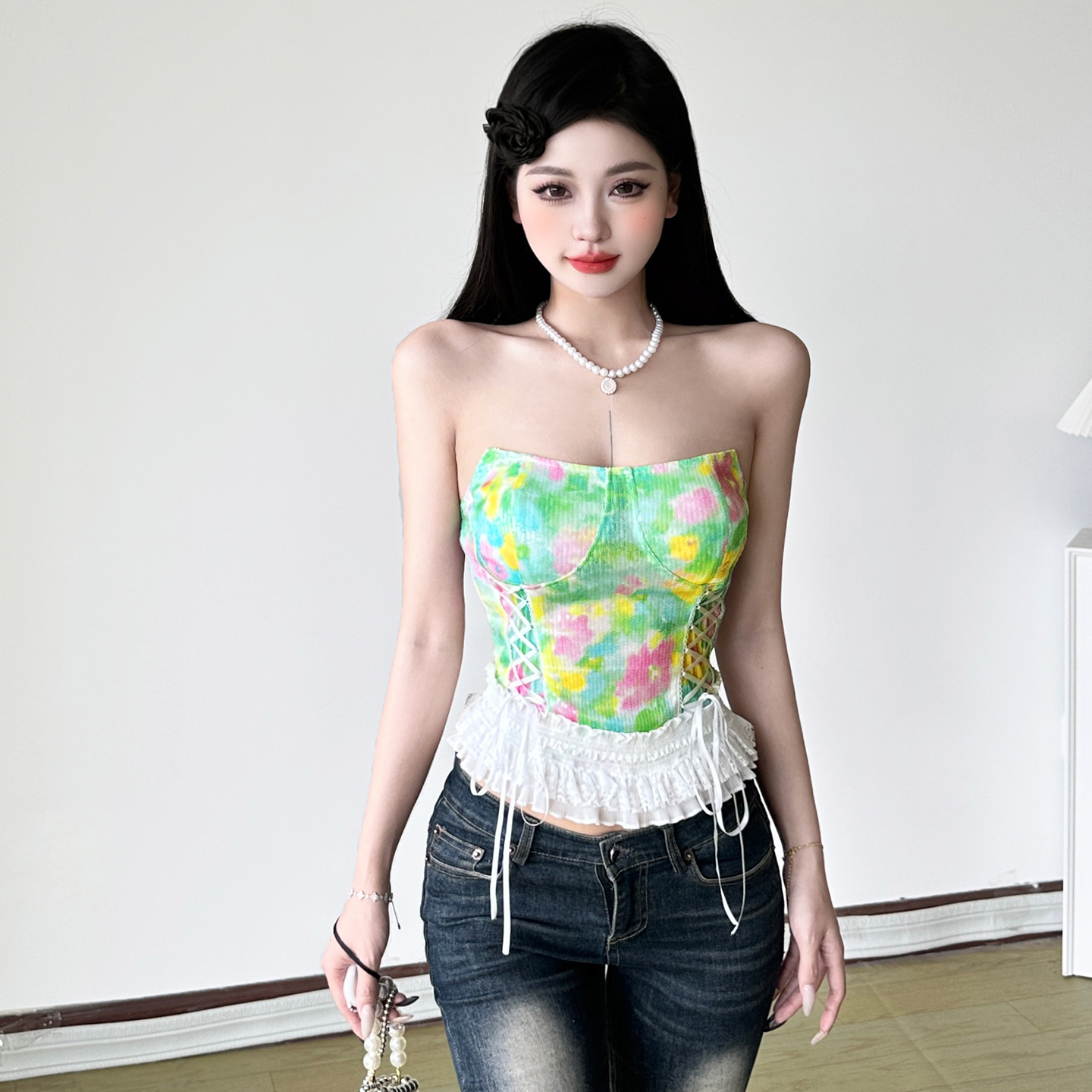 Firefly Forest Medieval Vintage Print Tie Strap Ruffled Spliced Bust Short Vest Top - Boho Chic, Festival Fashion, Y2K Style