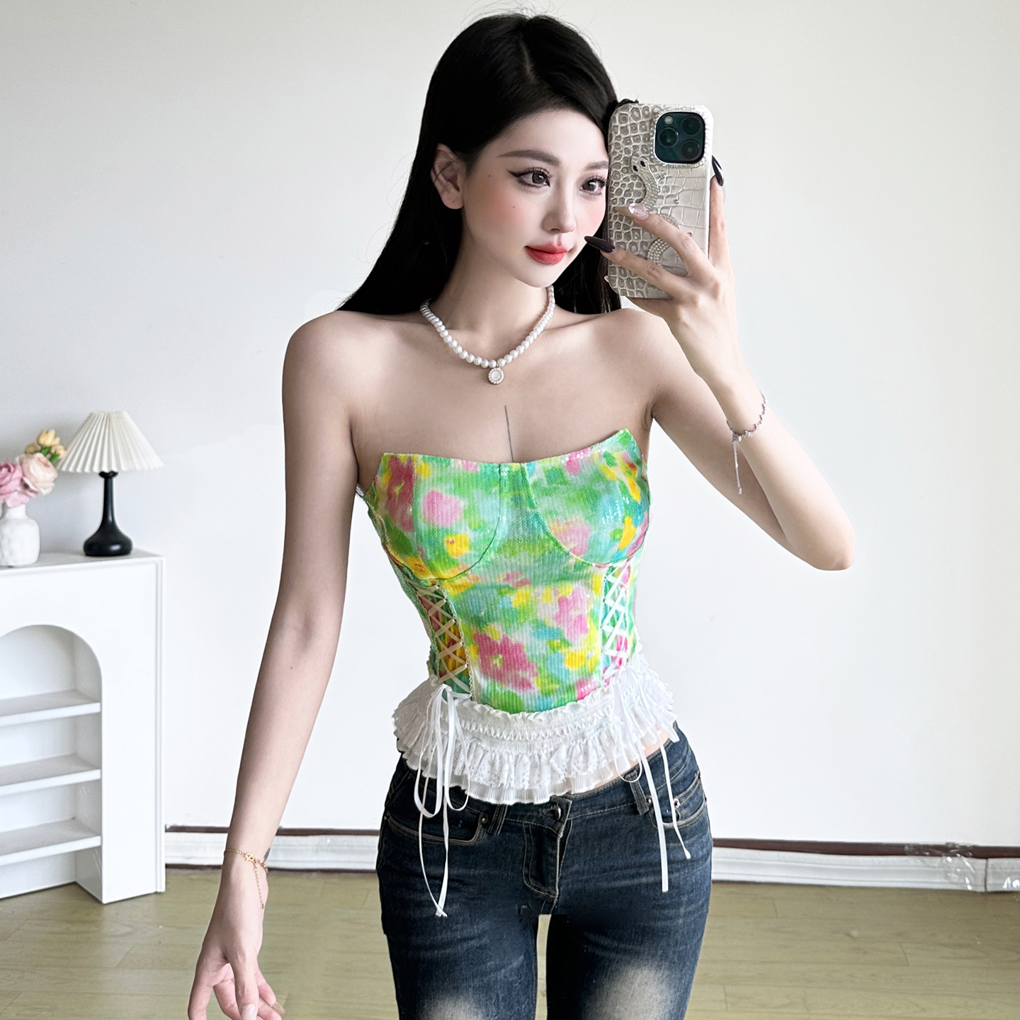 Firefly Forest Medieval Vintage Print Tie Strap Ruffled Spliced Bust Short Vest Top - Boho Chic, Festival Fashion, Y2K Style Firefly Forest Medieval Vintage Print Tie Strap Ruffled Spliced Bust Short Vest Top - Boho Chic, Festival Fashion, Y2K Style