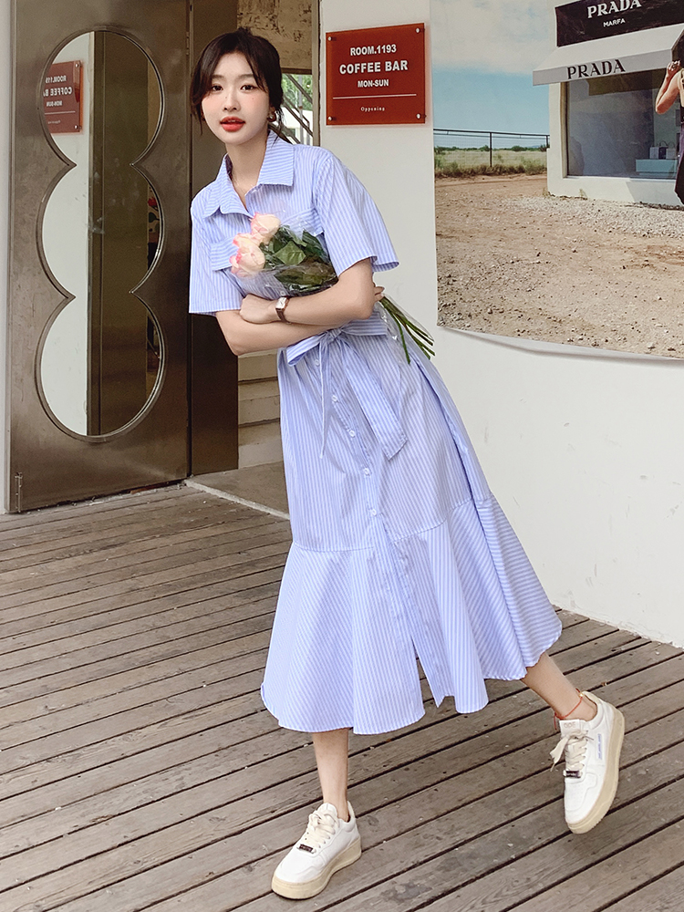 Fitted Blue Striped Shirt Dress for Women - Summer 2025 Mermaid Style, Unique Design, High-End Fashion