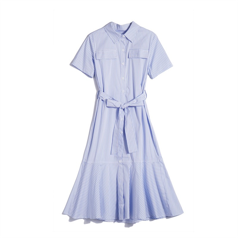 Fitted Blue Striped Shirt Dress for Women - Summer 2025 Mermaid Style, Unique Design, High-End Fashion Fitted Blue Striped Shirt Dress for Women - Summer 2025 Mermaid Style, Unique Design, High-End Fashion