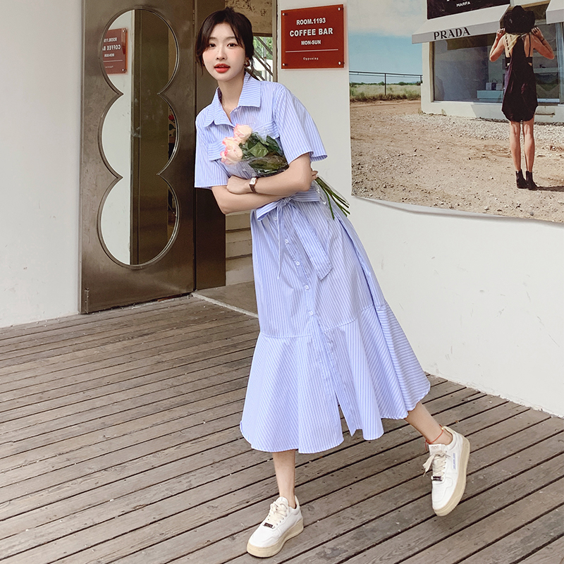 Fitted Blue Striped Shirt Dress for Women - Summer 2025 Mermaid Style, Unique Design, High-End Fashion