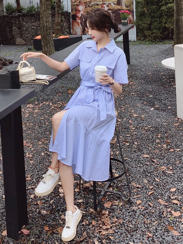 Fitted Blue Striped Shirt Dress for Women - Summer 2025 Mermaid Style, Unique Design, High-End Fashion Fitted Blue Striped Shirt Dress for Women - Summer 2025 Mermaid Style, Unique Design, High-End Fashion