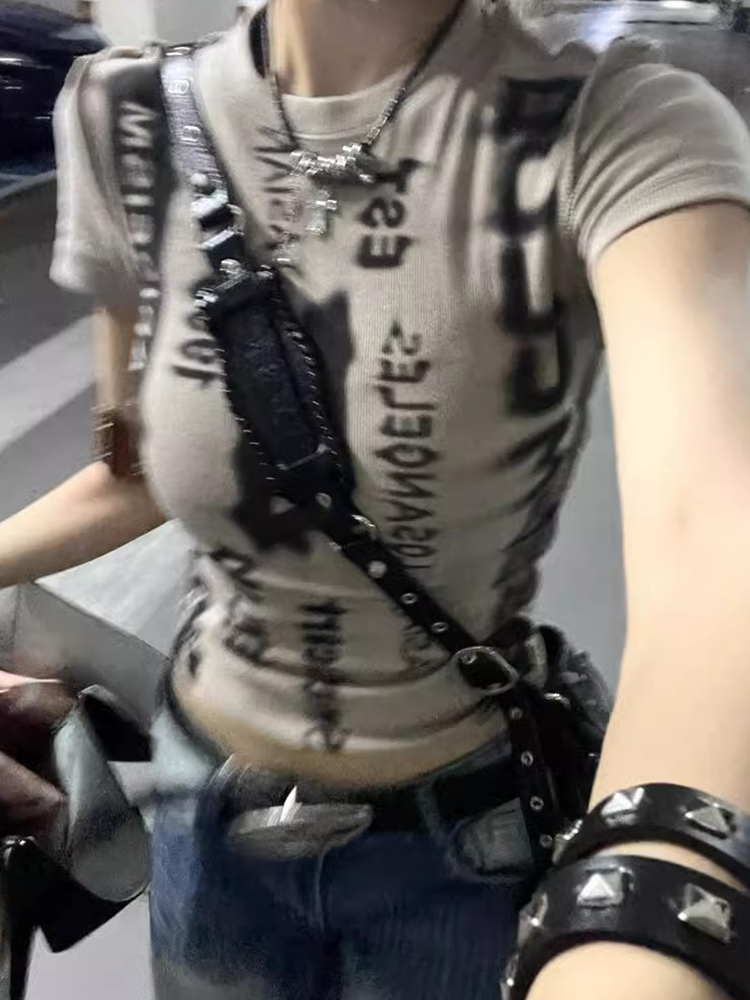 Fitted Short-Sleeve Jazz Dance T-Shirt for Women - K-Pop American Wasteland Style Sweet and Spicy Festival Top