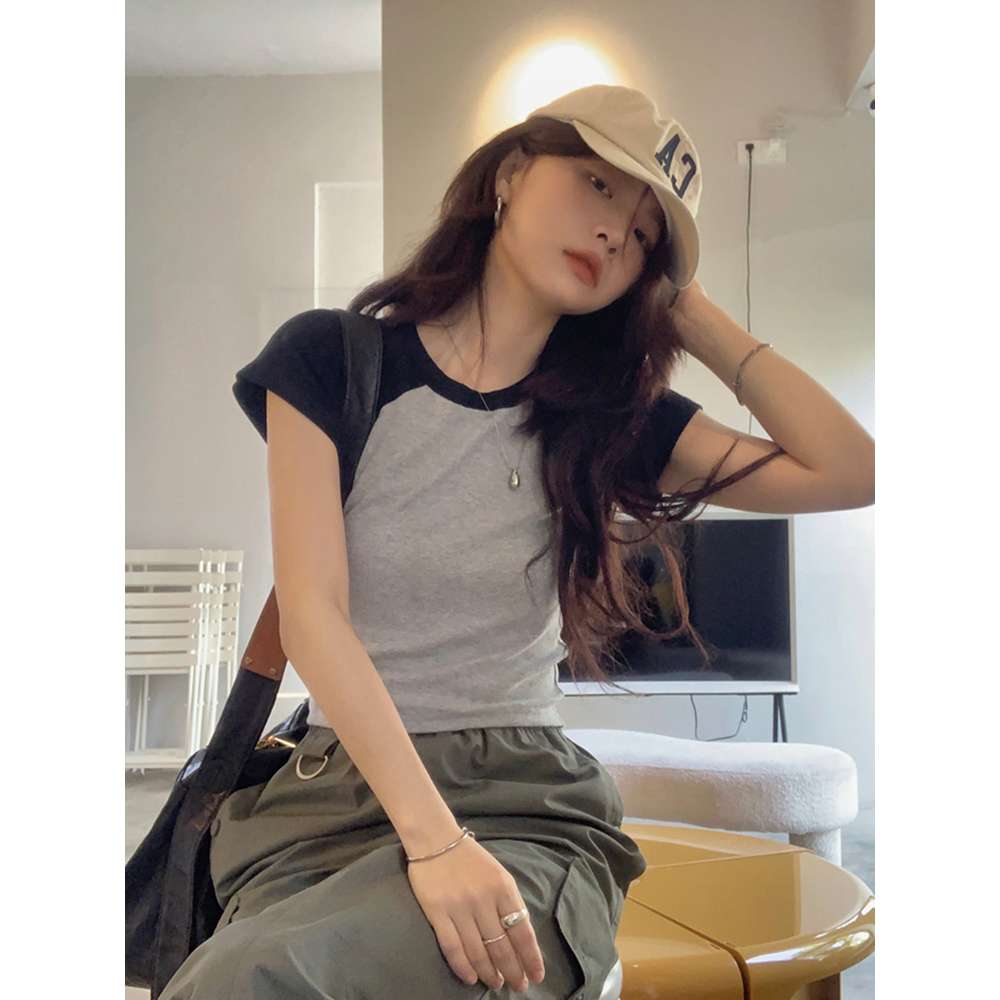 Fitted Short Sleeve T-shirt for Jazz Dance, K-pop Style, Sweet and Spicy Design, European and American Trendy Fashion