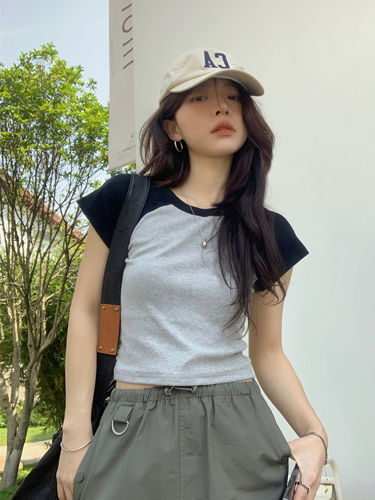 Fitted Short Sleeve T-shirt for Jazz Dance, K-pop Style, Sweet and Spicy Design, European and American Trendy Fashion