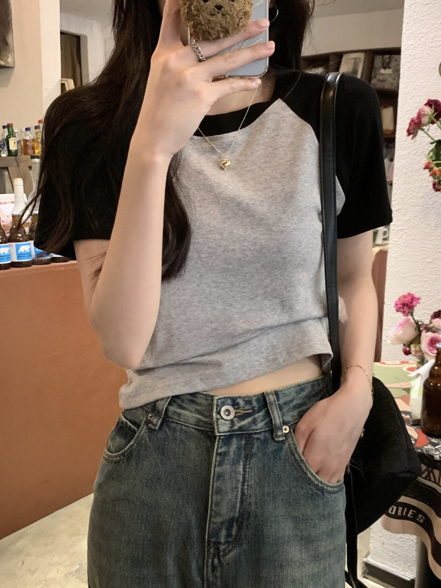 Fitted Short Sleeve T-shirt for Jazz Dance, K-pop Style, Sweet and Spicy Design, European and American Trendy Fashion Fitted Short Sleeve T-shirt for Jazz Dance, K-pop Style, Sweet and Spicy Design, European and American Trendy Fashion