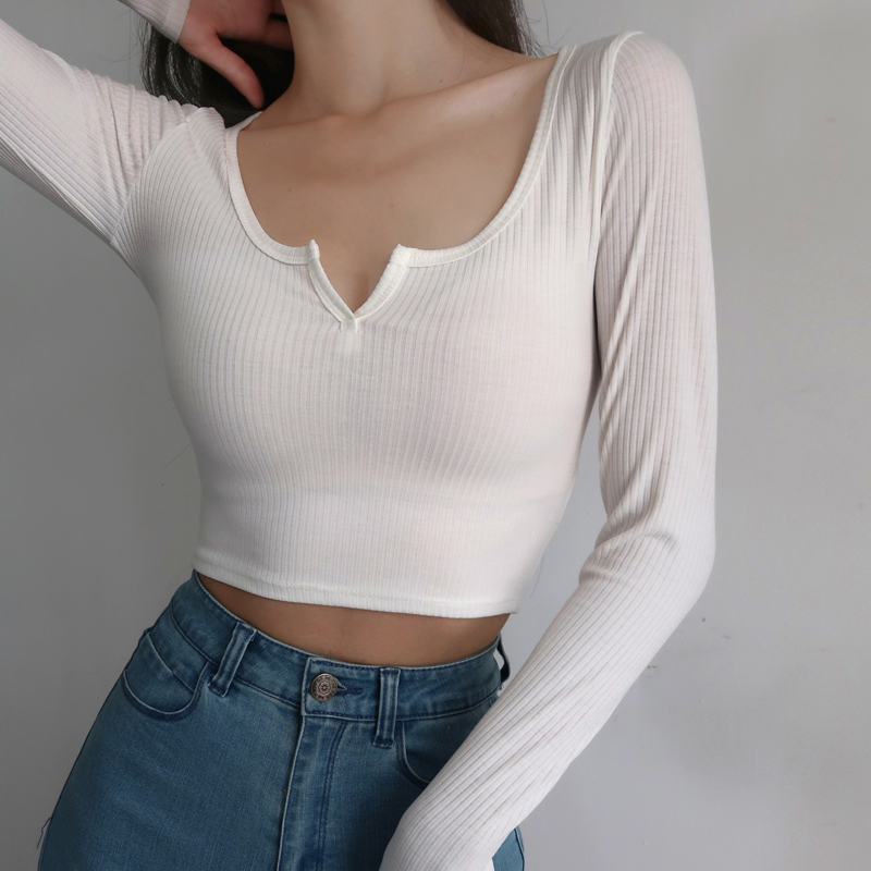 Fitted V-Neck Ribbed Long Sleeve T-Shirt for Women - Stretchy Slim Fit, Chest-Enhancing, High-Waisted Style, European and American Fashion Fitted V-Neck Ribbed Long Sleeve T-Shirt for Women - Stretchy Slim Fit, Chest-Enhancing, High-Waisted Style, European and American Fashion
