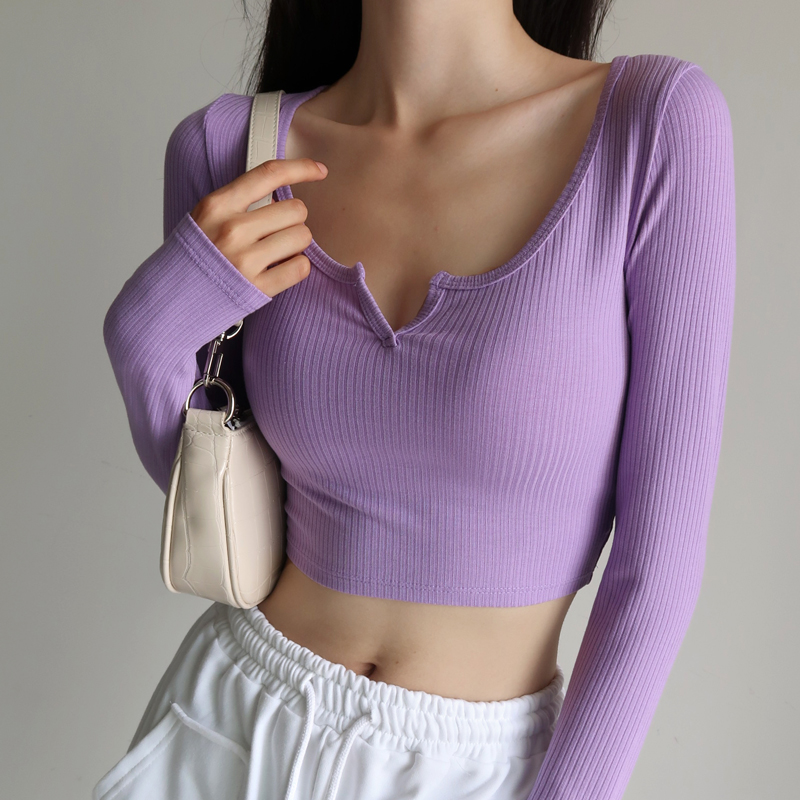 Fitted V-Neck Ribbed Long Sleeve T-Shirt for Women - Stretchy Slim Fit, Chest-Enhancing, High-Waisted Style, European and American Fashion Fitted V-Neck Ribbed Long Sleeve T-Shirt for Women - Stretchy Slim Fit, Chest-Enhancing, High-Waisted Style, European and American Fashion