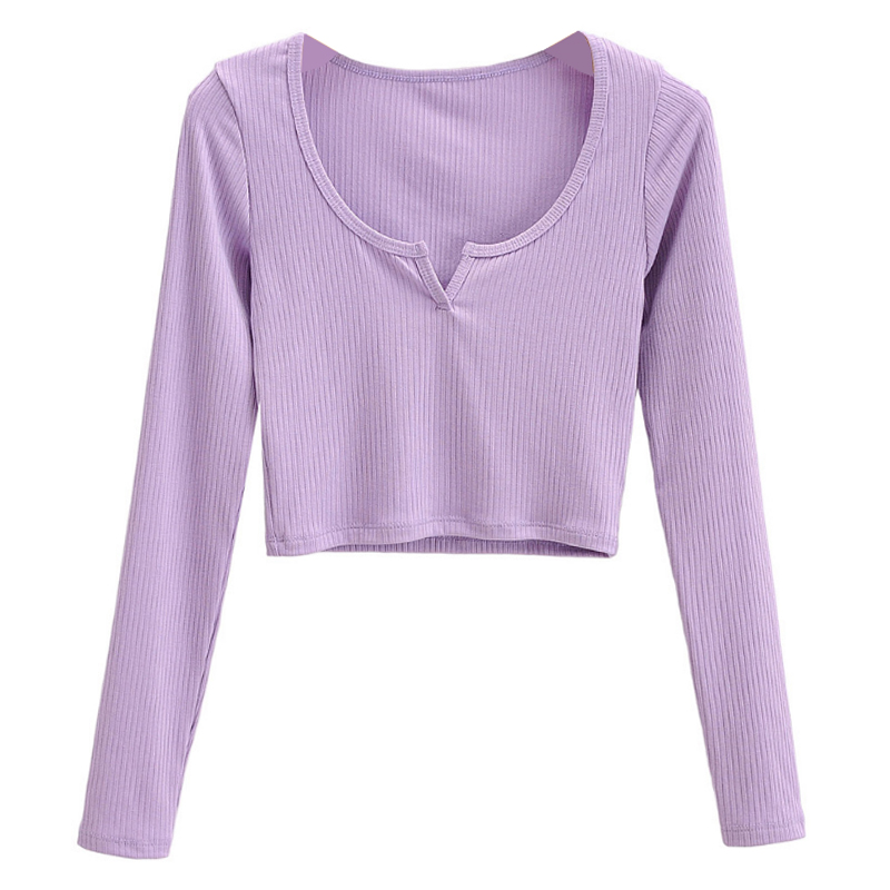 Fitted V-Neck Ribbed Long Sleeve T-Shirt for Women - Stretchy Slim Fit, Chest-Enhancing, High-Waisted Style, European and American Fashion Fitted V-Neck Ribbed Long Sleeve T-Shirt for Women - Stretchy Slim Fit, Chest-Enhancing, High-Waisted Style, European and American Fashion