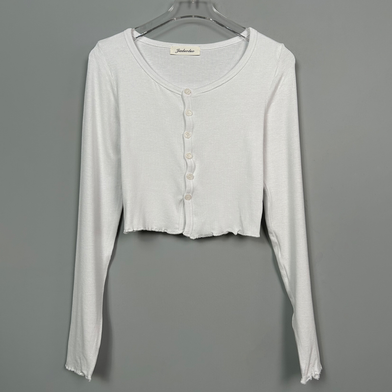 Fitted White Long Sleeve Knit T-Shirt Cardigan for Women - Sexy Korean Style Thin Sweater