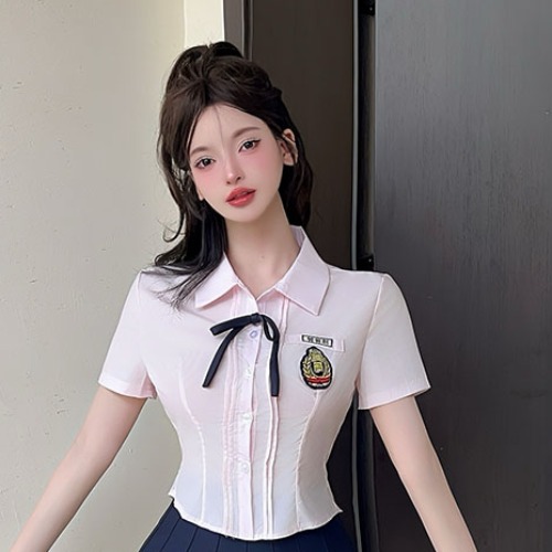 Fitted Women's Short-Sleeve Pink Bow Tie Shirt with Pleated Skirt - Wellness Center Technician Uniform Outfit