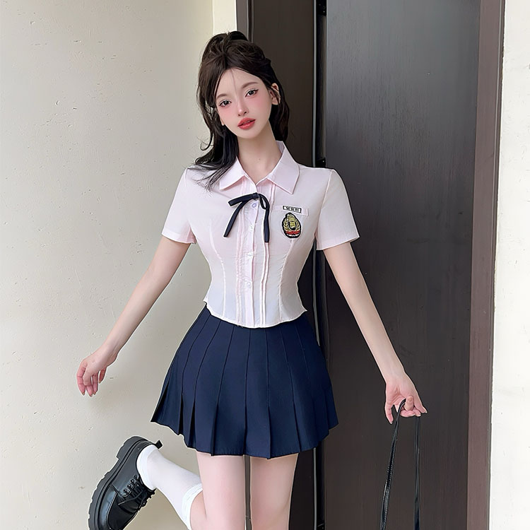 Fitted Women's Short-Sleeve Pink Bow Tie Shirt with Pleated Skirt - Wellness Center Technician Uniform Outfit Fitted Women's Short-Sleeve Pink Bow Tie Shirt with Pleated Skirt - Wellness Center Technician Uniform Outfit