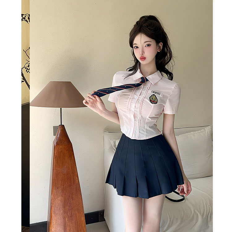Fitted Women's Short-Sleeve Pink Bow Tie Shirt with Pleated Skirt - Wellness Center Technician Uniform Outfit Fitted Women's Short-Sleeve Pink Bow Tie Shirt with Pleated Skirt - Wellness Center Technician Uniform Outfit