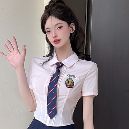 Fitted Women's Short-Sleeve Pink Bow Tie Shirt with Pleated Skirt - Wellness Center Technician Uniform Outfit Fitted Women's Short-Sleeve Pink Bow Tie Shirt with Pleated Skirt - Wellness Center Technician Uniform Outfit