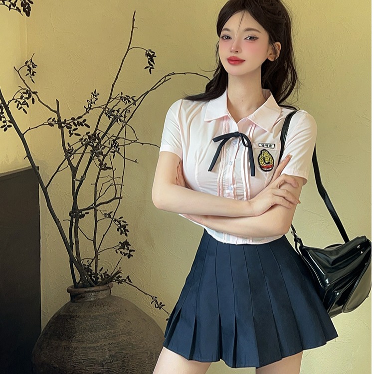 Fitted Women's Short-Sleeve Pink Bow Tie Shirt with Pleated Skirt - Wellness Center Technician Uniform Outfit Fitted Women's Short-Sleeve Pink Bow Tie Shirt with Pleated Skirt - Wellness Center Technician Uniform Outfit