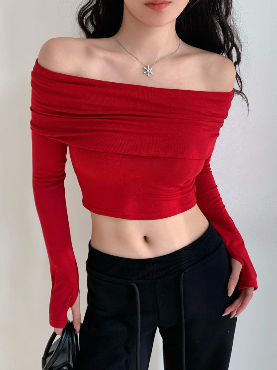 Flared One-Shoulder Long Sleeve Crop Top T-Shirt in Retro European and American Style, Perfect for Y2K and 90s Fashion Trends Flared One-Shoulder Long Sleeve Crop Top T-Shirt in Retro European and American Style, Perfect for Y2K and 90s Fashion Trends