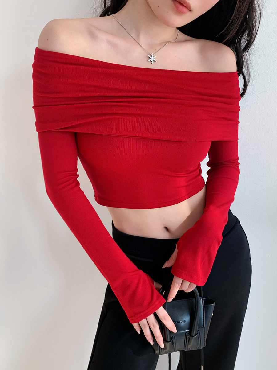 Flared One-Shoulder Long Sleeve Crop Top T-Shirt in Retro European and American Style, Perfect for Y2K and 90s Fashion Trends Flared One-Shoulder Long Sleeve Crop Top T-Shirt in Retro European and American Style, Perfect for Y2K and 90s Fashion Trends