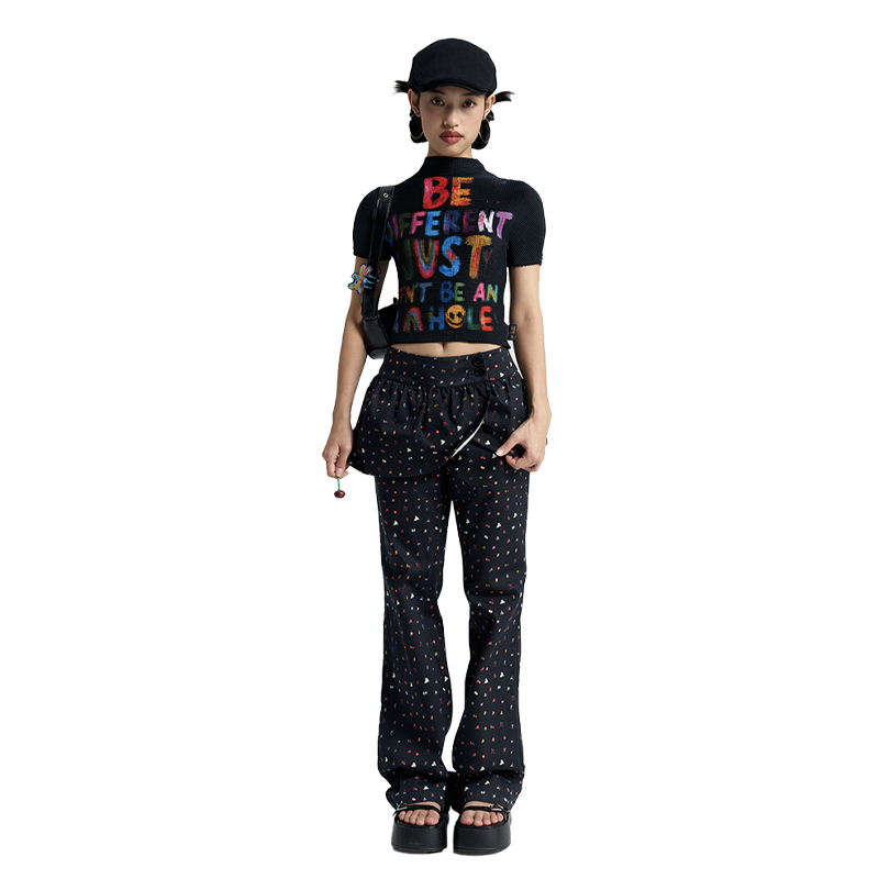 Floral Black Flared Pants - Women's 90s Inspired Skirted Trousers for Trendy Y2K Style