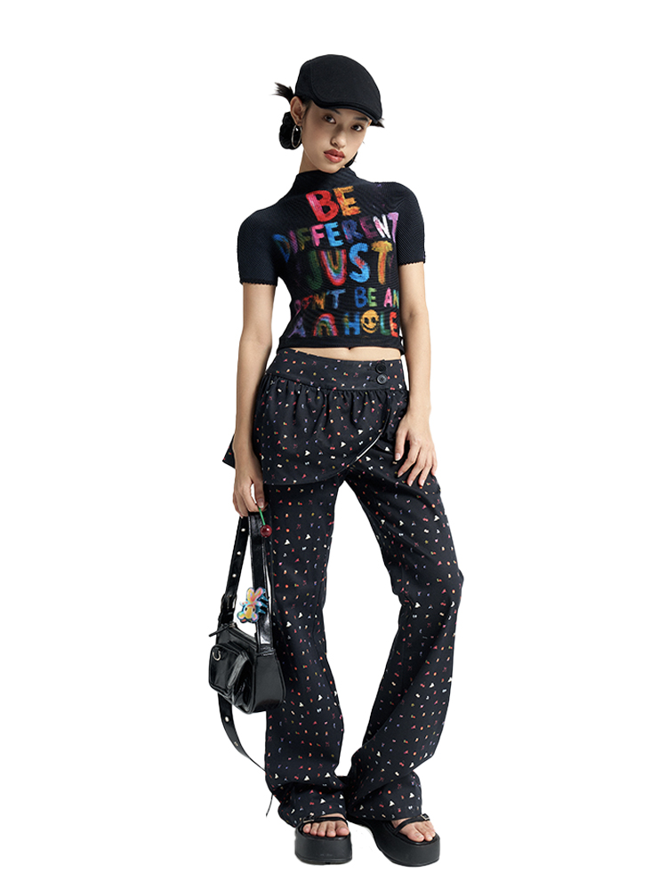 Floral Black Flared Pants - Women's 90s Inspired Skirted Trousers for Trendy Y2K Style Floral Black Flared Pants - Women's 90s Inspired Skirted Trousers for Trendy Y2K Style