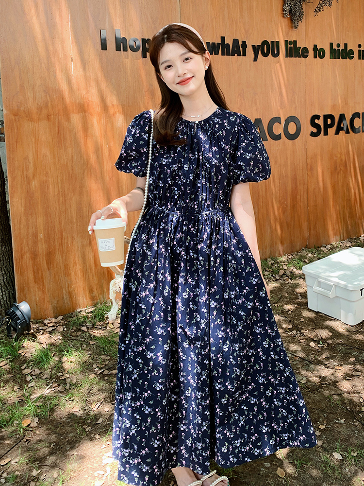 Floral Bubble Sleeve Dress for Women - Summer 2025 High-End Slimming Design, Unique 90s Inspired Tea Break Style