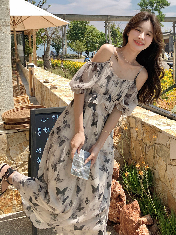 Floral Chiffon One-Shoulder Dress for Women, Off-Shoulder Summer 2025 Beach Vacation Style, Elegant Long Dress