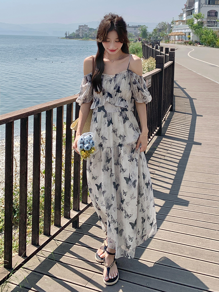 Floral Chiffon One-Shoulder Dress for Women, Off-Shoulder Summer 2025 Beach Vacation Style, Elegant Long Dress Floral Chiffon One-Shoulder Dress for Women, Off-Shoulder Summer 2025 Beach Vacation Style, Elegant Long Dress