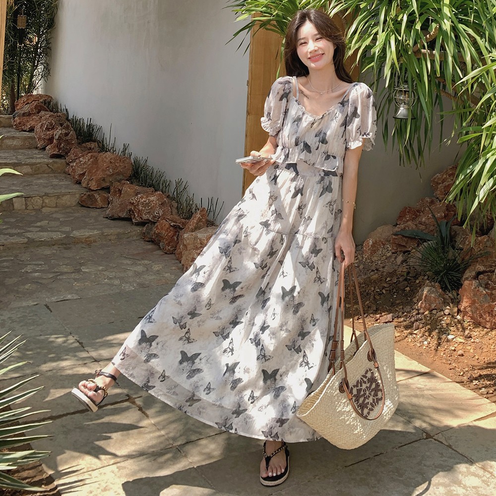 Floral Chiffon One-Shoulder Dress for Women, Off-Shoulder Summer 2025 Beach Vacation Style, Elegant Long Dress Floral Chiffon One-Shoulder Dress for Women, Off-Shoulder Summer 2025 Beach Vacation Style, Elegant Long Dress