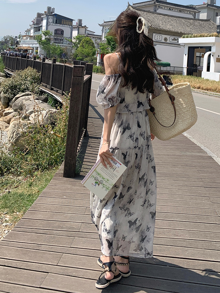 Floral Chiffon One-Shoulder Dress for Women, Off-Shoulder Summer 2025 Beach Vacation Style, Elegant Long Dress Floral Chiffon One-Shoulder Dress for Women, Off-Shoulder Summer 2025 Beach Vacation Style, Elegant Long Dress