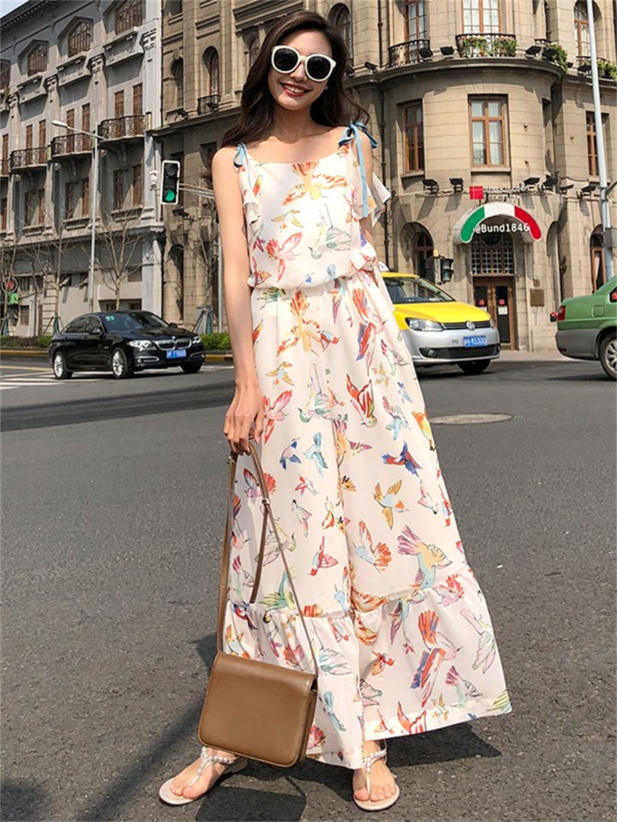 Floral Chiffon Spaghetti Strap Jumpsuit for Women - Summer 2025 Beach Vacation Outfit with Wide-Leg Pants