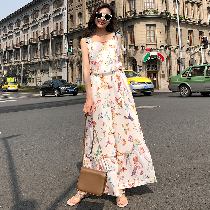Floral Chiffon Spaghetti Strap Jumpsuit for Women - Summer 2025 Beach Vacation Outfit with Wide-Leg Pants