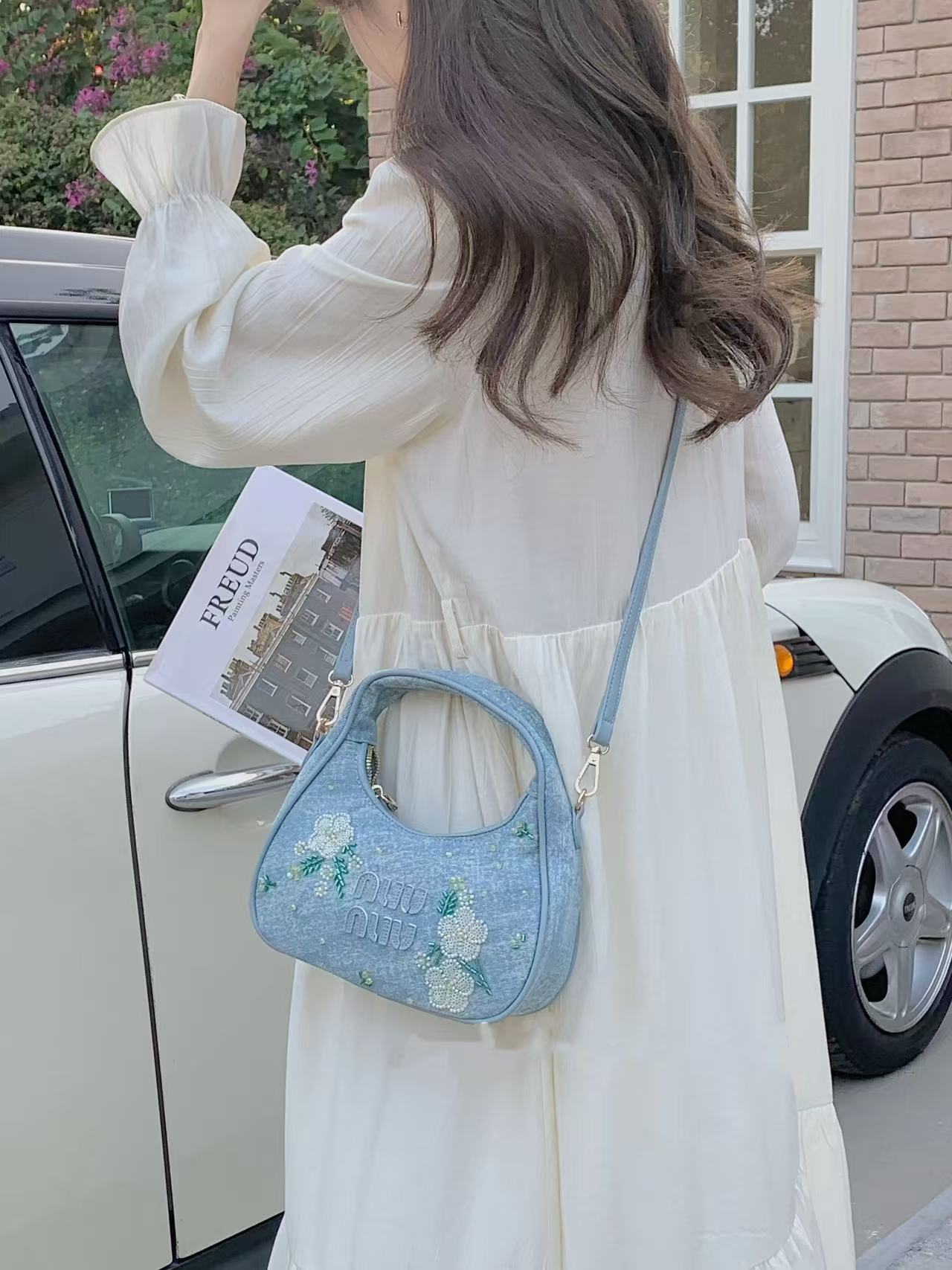 Floral Embroidery Mini Handbag - Diagonal Cross Denim Crossbody Bag in Japanese & Korean Style for Women - Fashionable & Versatile