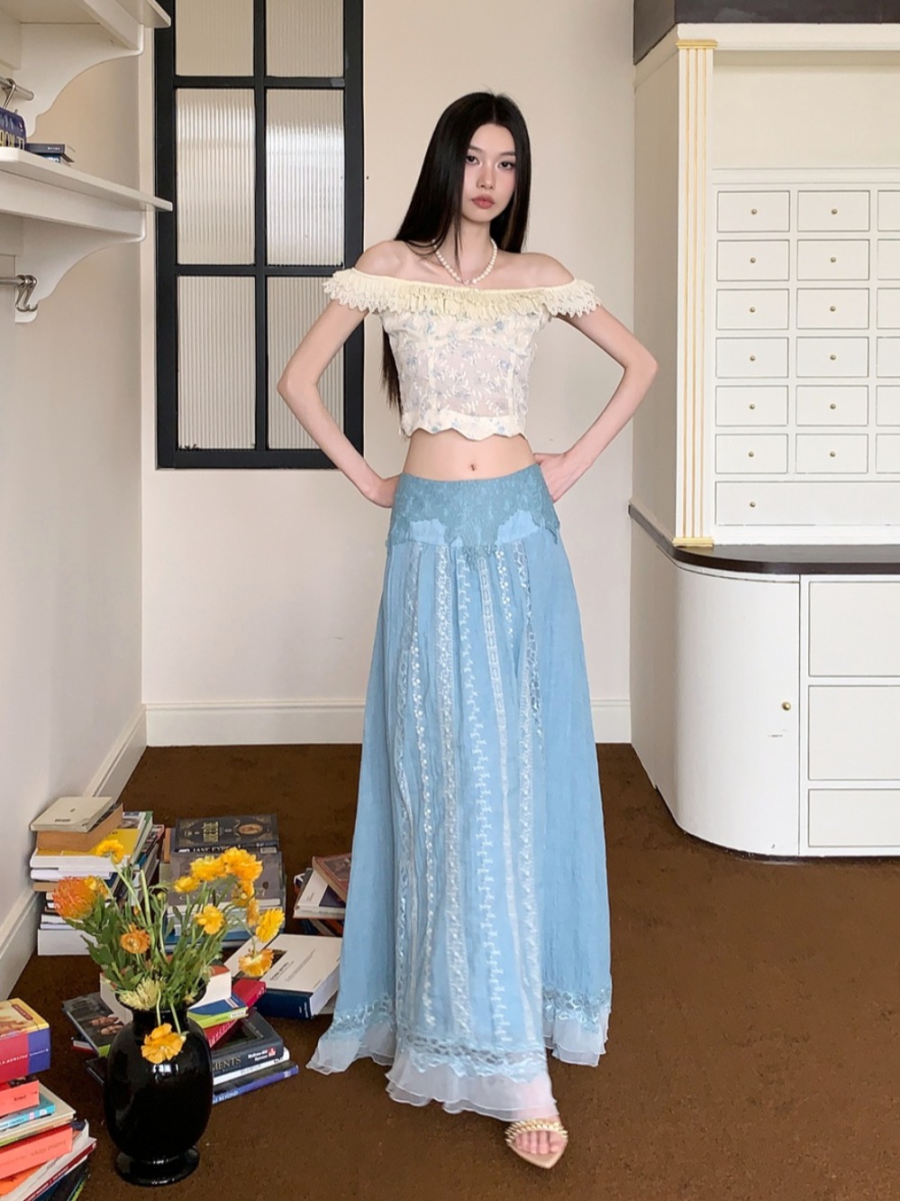 Floral Lace One-Shoulder Top and Lightweight Embroidered Skirt Set - Summer Vacation Style for Women, Age-Reducing, Boho Chic Floral Lace One-Shoulder Top and Lightweight Embroidered Skirt Set - Summer Vacation Style for Women, Age-Reducing, Boho Chic