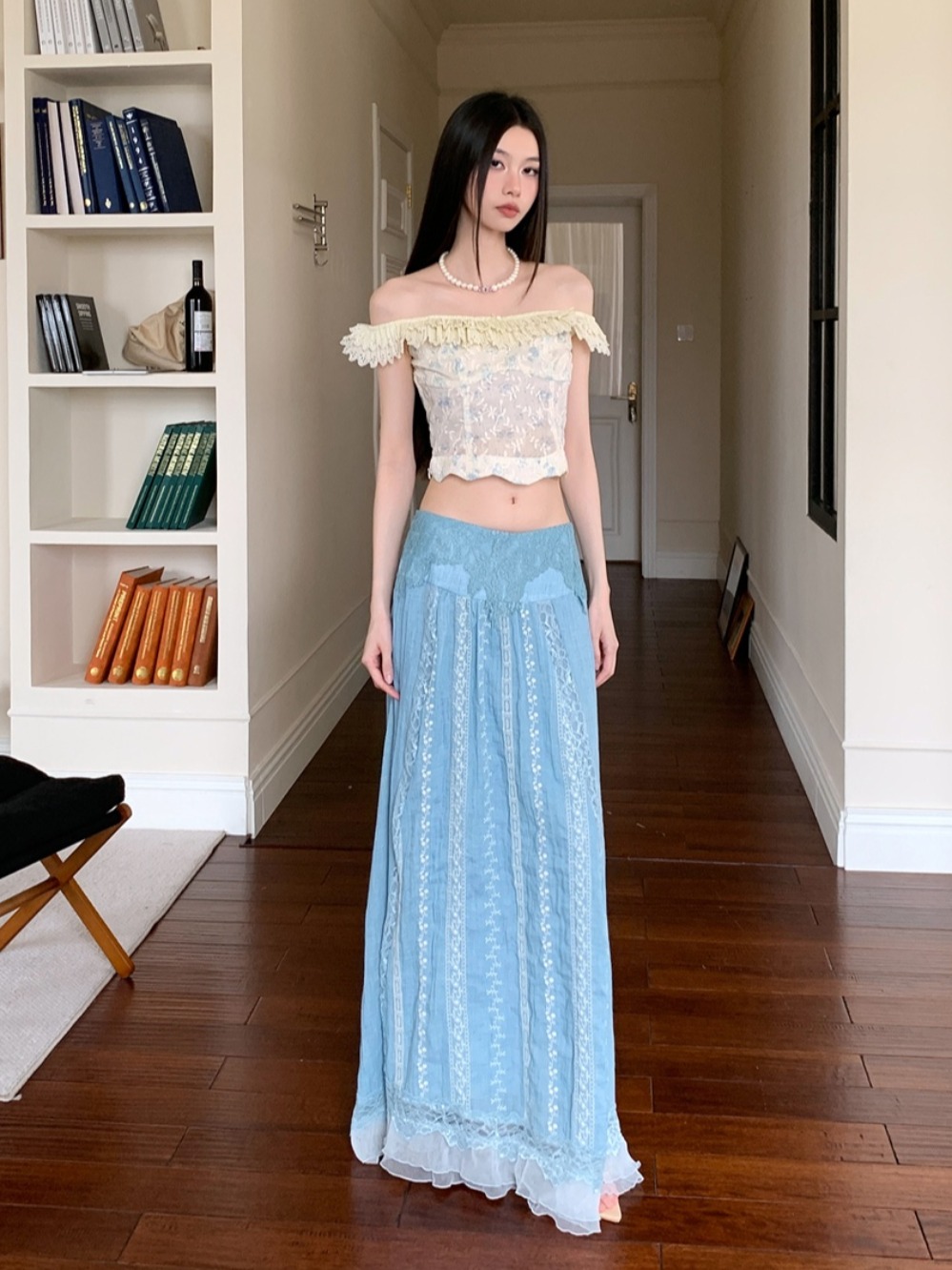 Floral Lace One-Shoulder Top and Lightweight Embroidered Skirt Set - Summer Vacation Style for Women, Age-Reducing, Boho Chic