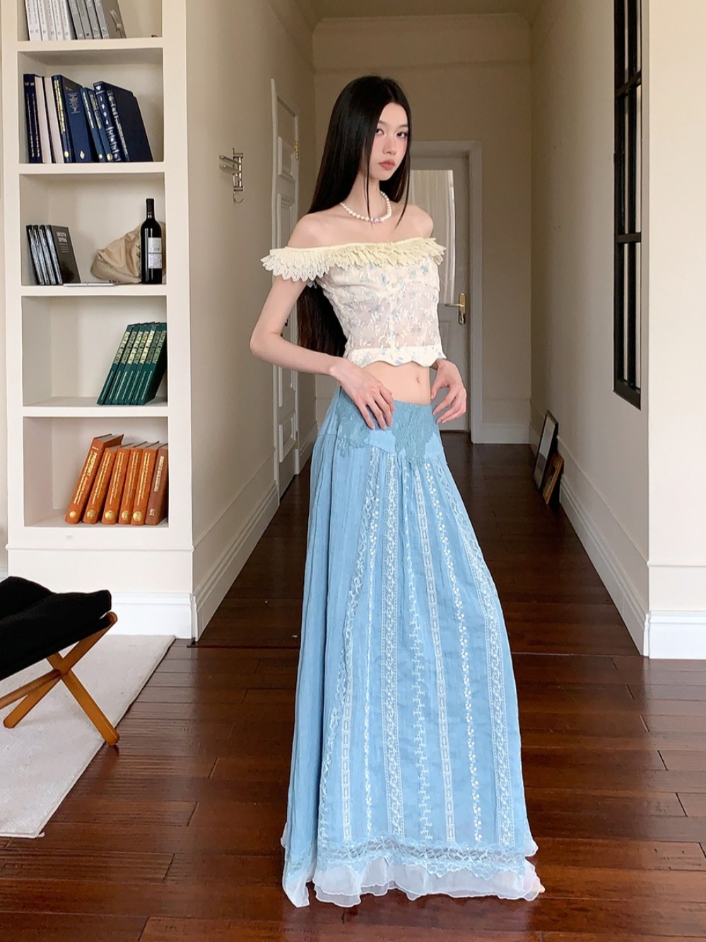 Floral Lace One-Shoulder Top and Lightweight Embroidered Skirt Set - Summer Vacation Style for Women, Age-Reducing, Boho Chic Floral Lace One-Shoulder Top and Lightweight Embroidered Skirt Set - Summer Vacation Style for Women, Age-Reducing, Boho Chic