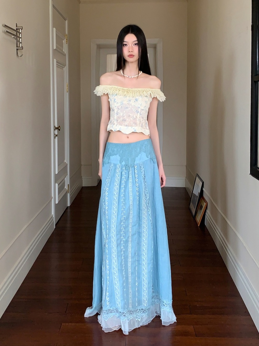 Floral Lace One-Shoulder Top and Lightweight Embroidered Skirt Set - Summer Vacation Style for Women, Age-Reducing, Boho Chic