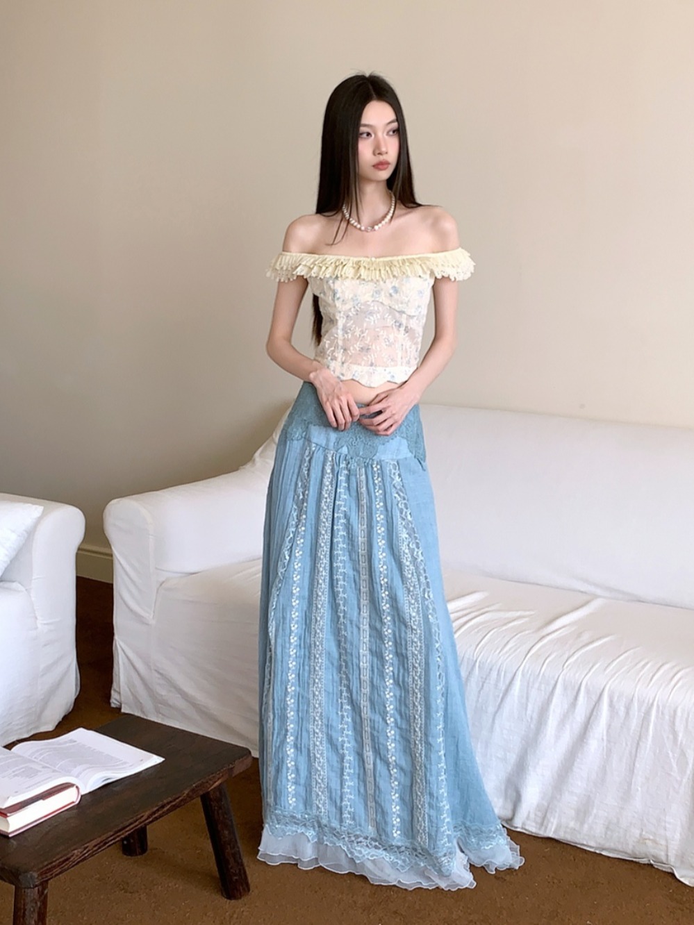 Floral Lace One-Shoulder Top and Lightweight Embroidered Skirt Set - Summer Vacation Style for Women, Age-Reducing, Boho Chic Floral Lace One-Shoulder Top and Lightweight Embroidered Skirt Set - Summer Vacation Style for Women, Age-Reducing, Boho Chic