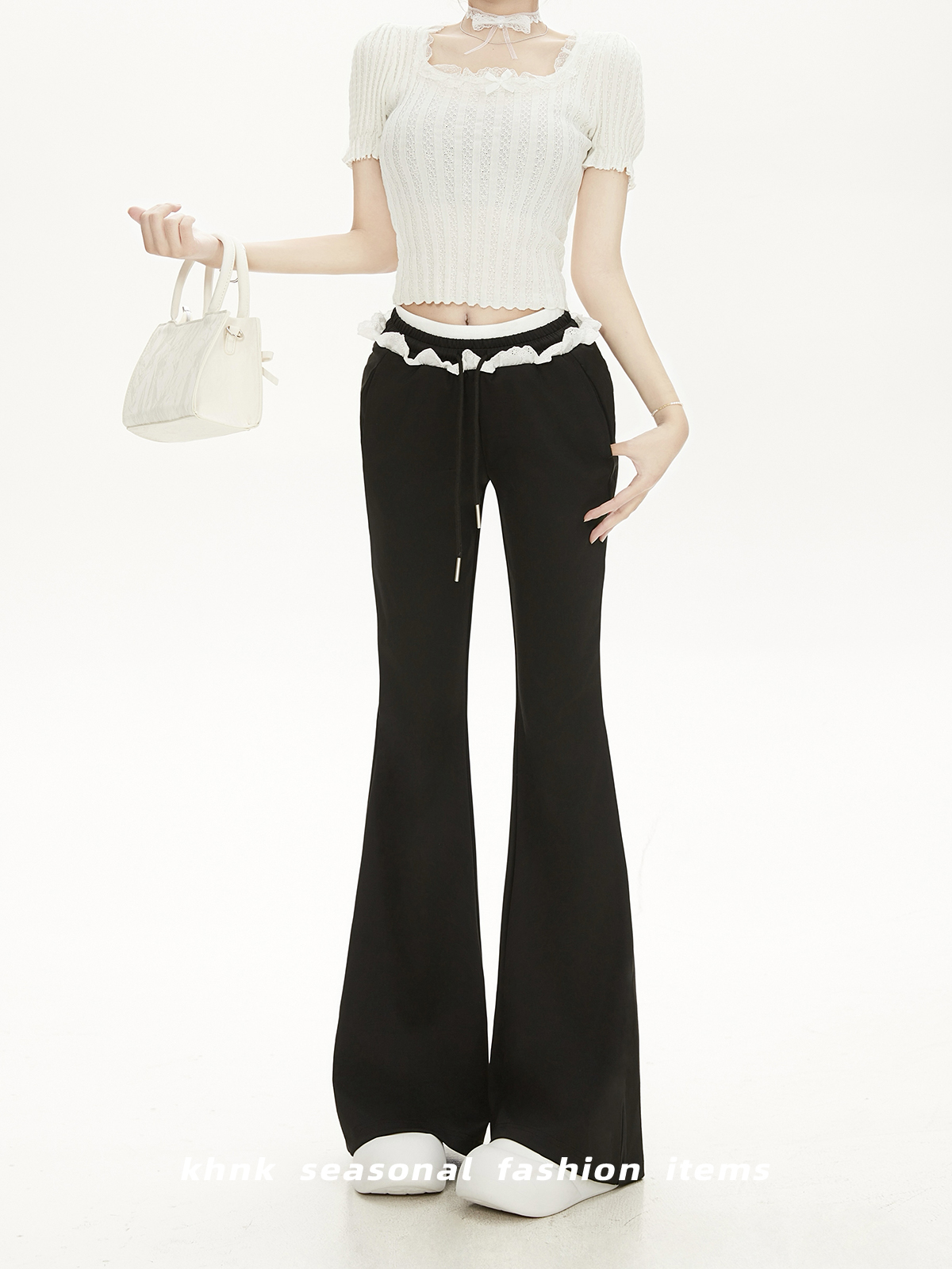 Floral Lace Spliced Double Waist Yoga Pants for Petite Women - Black Slim Fit Flared Style, Perfect for 90s and Y2K Fashion