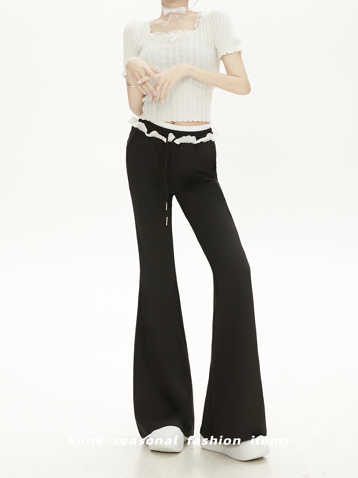 Floral Lace Spliced Double Waist Yoga Pants for Petite Women - Black Slim Fit Flared Style, Perfect for 90s and Y2K Fashion Floral Lace Spliced Double Waist Yoga Pants for Petite Women - Black Slim Fit Flared Style, Perfect for 90s and Y2K Fashion