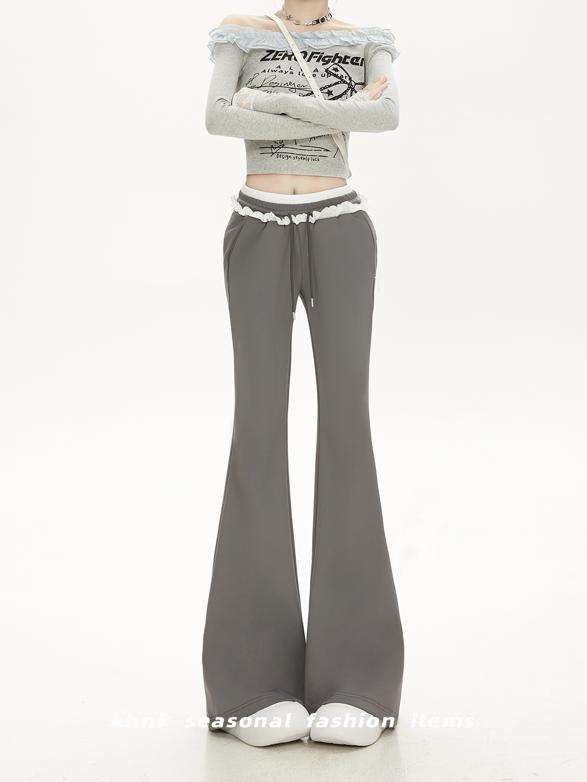 Floral Lace Spliced Double Waist Yoga Pants for Petite Women - Black Slim Fit Flared Style, Perfect for 90s and Y2K Fashion