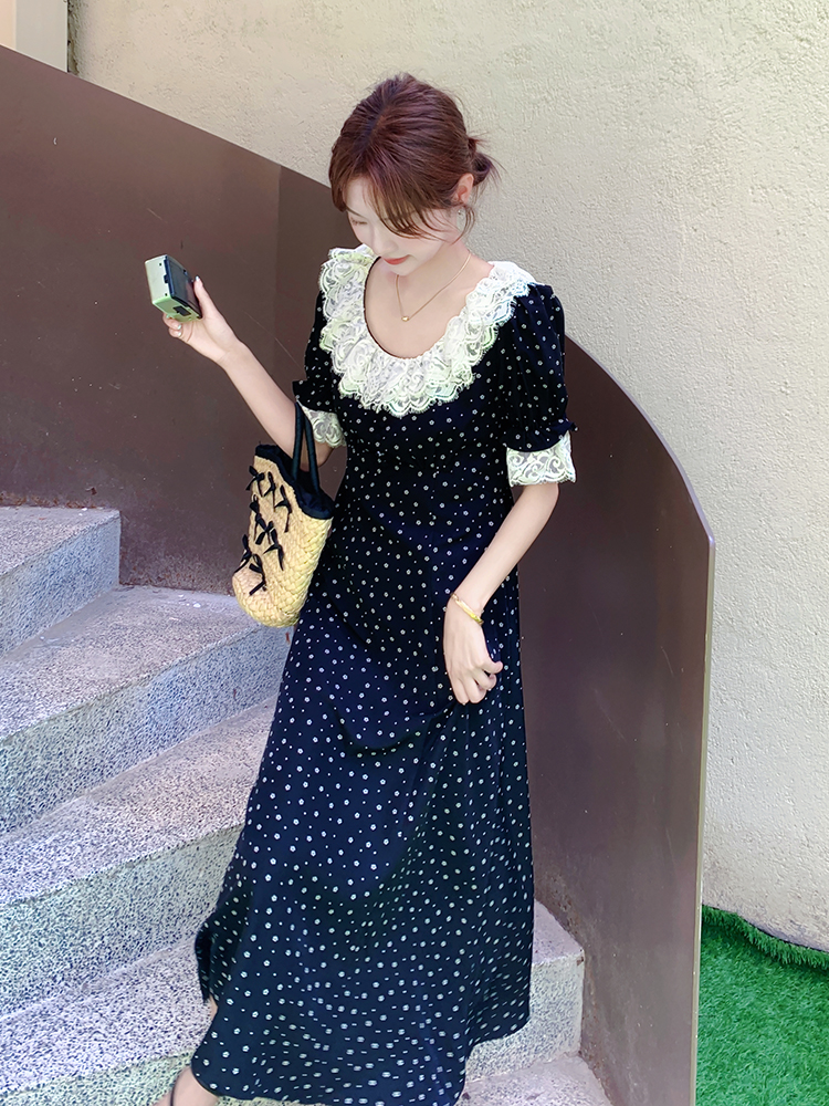 Floral Patchwork Lace Trim French-Style Waist-Cinching Long Dress for Women - Summer 2025 Ankle-Length Fashion Floral Patchwork Lace Trim French-Style Waist-Cinching Long Dress for Women - Summer 2025 Ankle-Length Fashion